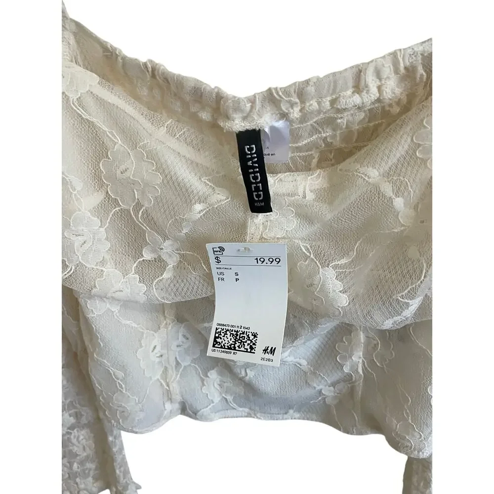 H&M Divided White Lace Milkmaid Crop Top Long Smocked Sleeve Cottagecore